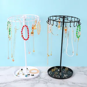 Porte-bijoux rotatif en fer avec crochets et plateau de rangement en noir et blanc