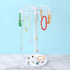 Présentoir à bijoux rotatif en fer blanc avec crochets et plateau pour colliers