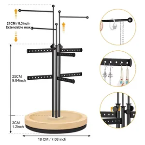Rotating metal jewelry stand with adjustable height poles and natural wooden base