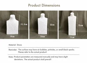 Detailed size comparison of three white gypsum necklace display busts in various heights