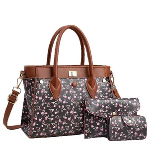 3-piece women bag set with cherry prints including tote bag, pouch and coin purse