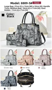 Detailed view of 3-piece floral handbag set with textured synthetic leather and inner compartments