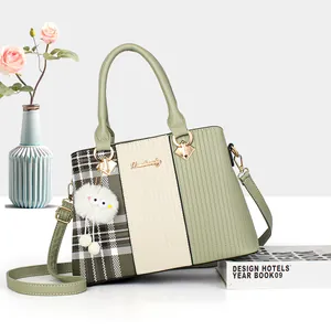 Women Plaid Patchwork PU Leather Tote Bag With Furry Ball Charm Vintage Embossed Shoulder Crossbody Bag Fashion Handbag