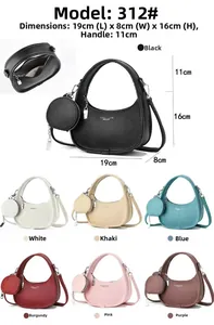 Tableau des tailles du sac croissant montrant les dimensions 19x8x16cm et les coloris