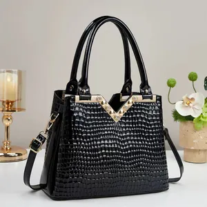 Women Faux Crocodile Pattern Handbag PU Leather Top Handle Bag Rhinestone V Metal Decor Large Capacity Crossbody Bag For Work