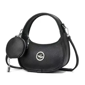 Sac Croissant Femme Cuir PU Motif Litchi Sac Bandoulière Avec Mini Pochette Ronde Mode Urbaine