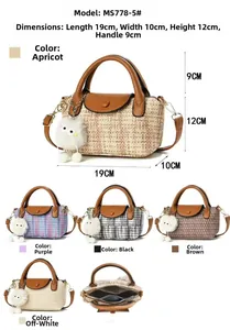 Detail view of woven handbag showing 19x10x12cm dimensions and multiple color options
