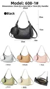 Detailed size chart of a woven shoulder bag showing 23x6x15cm dimensions and handle drop