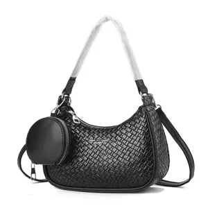 Women Fashion Woven PU Leather Underarm Bag Set With Mini Round Pouch Minimalist Shoulder Crossbody Bag For Daily Use