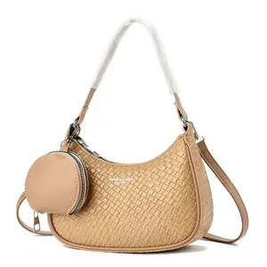 Fashion woven hobo bag with mini round coin purse in beige and shoulder strap detail