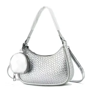 Silver woven underarm bag with matching round coin purse and metallic finish
