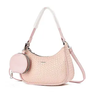Detail of woven texture pink hobo bag with matching round coin purse and logo