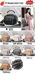 Three-layer faux leather crossbody bag details with dimensions 21x9x15cm and rivets
