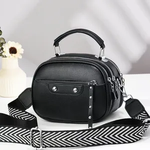 Women Crossbody Bag PU Leather Litchi Grain Multi Compartment Large Capacity Shoulder Bag Geometric Wide Strap Fashion Handbag
