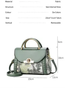Detalle de bolso floral verde con medidas 23x11x18cm y cierre metálico dorado