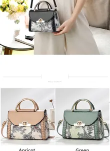 Detalle de bolsos bandolera en negro, caqui y verde con elegantes estampados florales
