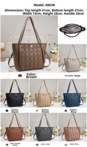 Detailed size chart for large plaid tote bag with eight color variants and dimensions