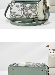 Vista detallada del bolso con estampado paisley, cremallera trasera y pies metálicos