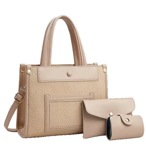 Ensemble de trois sacs cabas beige en toile et simili cuir avec bandoulière amovible