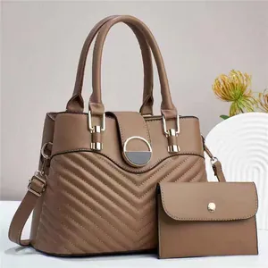 Brown quilted leather handbag set with tote bag, matching wallet and gold ring buckle