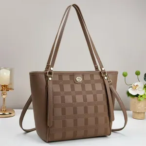 Brown checkerboard tote bag with large capacity and double handles for women commute
