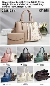 Detail view of contrast color tote bag set with dimensions and interior compartments