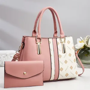 Pink and white patchwork tote bag with matching long wallet and gold hardware