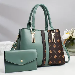 Fashionable sage green and brown monogrammed tote bag set with matching envelope wallet