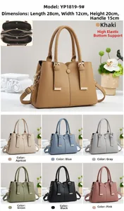 Detailed view of women's lychee texture tote bag featuring multi-compartment interior and size chart