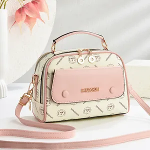 Rosa und beige quadratische Handtasche mit verstellbarem Gurt und Goldbeschlägen