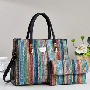 Rainbow woven tote bag and long wallet set with black leather handles and shoulder strap