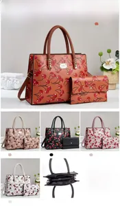 Internal view and multi-color options for cherry print tote bag and pouch set