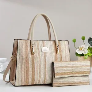 Striped woven tote bag with matching wallet and adjustable strap for summer fashion