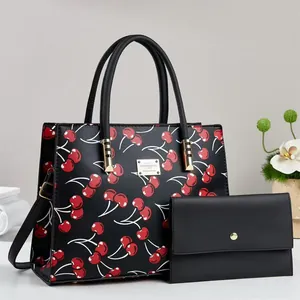 Women Cherry Print PU Leather Handbag And Wallet Top Handle Tote Shoulder Crossbody Bag For Daily Travel Fashion Women Jewelry