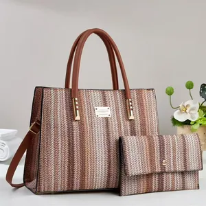 Fashion Striped Large Capacity Tote And Wallet Handbag PU Leather Straw Texture Shoulder Bag For Women Commuting Travel
