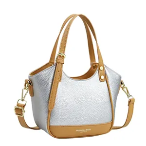 Silver lychee grain and camel leather handbag with adjustable strap for women