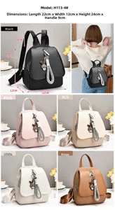 Detailed views of mini fashion backpack showing dimensions, colors, and bunny charm detail
