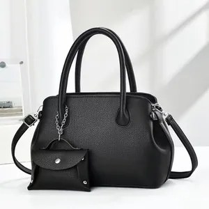 Fashion Litchi Texture PU Leather Tote Bag And Pouch Solid Color Top Handle Crossbody Shoulder Bag For Daily Commuting