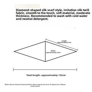 Detailed sizing chart and material specs for the diamond-shaped twill silk scarf