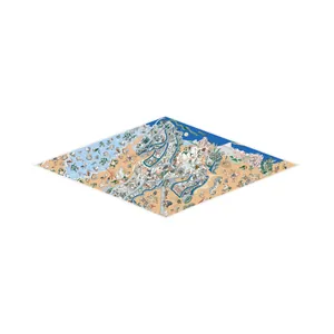 Diamond-shaped silk scarf with hand-painted landscape and waves, 45x122cm elegant wrap