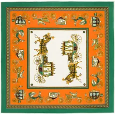 Detailed close-up of silk-satin square scarf featuring vintage horse carriage pattern