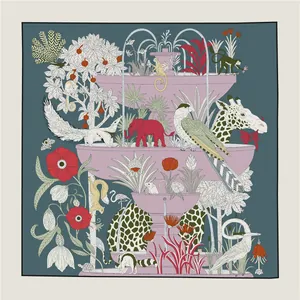 Seidenschal mit exotischem Tierbrunnen-Print 110cm quadratisches Tuch handrolliert