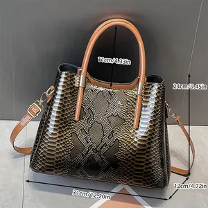 Detailed size chart showing dimensions for this snakeskin patterned leather tote bag