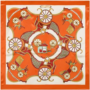 Detail view of silk square scarf featuring vintage carriage patterns and orange borders