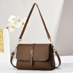 Women Litchi Texture PU Leather Shoulder Bag Golden Hardware Small Square Crossbody Bag With Two Straps Fashion Daily Versatile Messenger Bag