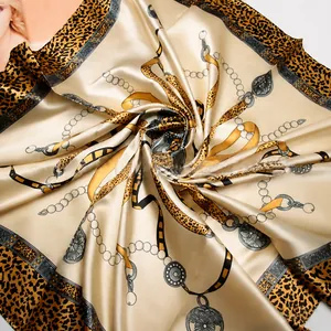 Classic leopard print silk scarf with chain pattern and glossy champagne gold finish