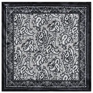 Pañuelo cuadrado de seda bohemio con estampado paisley gris y negro 60x60cm