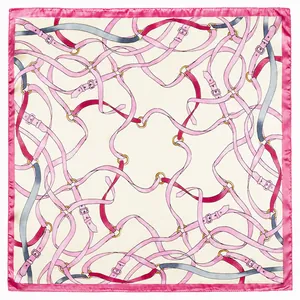 Elegant silk scarf with pink borders featuring interlaced belt patterns and gold buckles