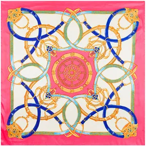 90cm square silk scarf featuring luxury chain and stirrup print with pink border