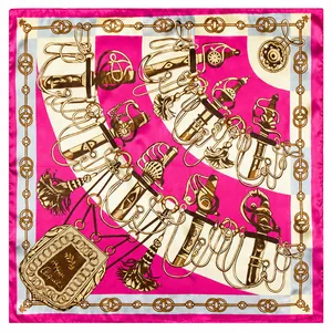 Classic French retro square silk scarf with Cliquetis saber pattern and gold tassel print